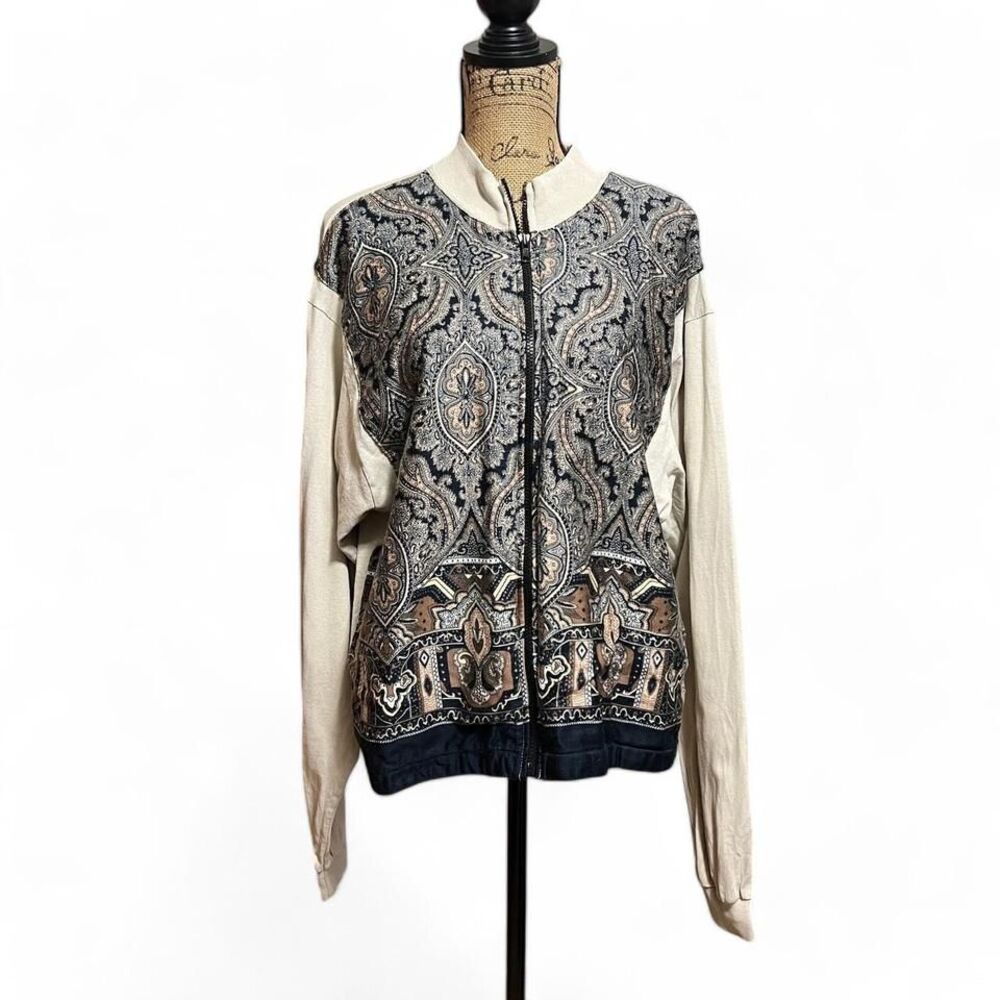 Cotton Deluxe Blue & Cream Paisley‎ Cotton Zip up Cardigan Size XL